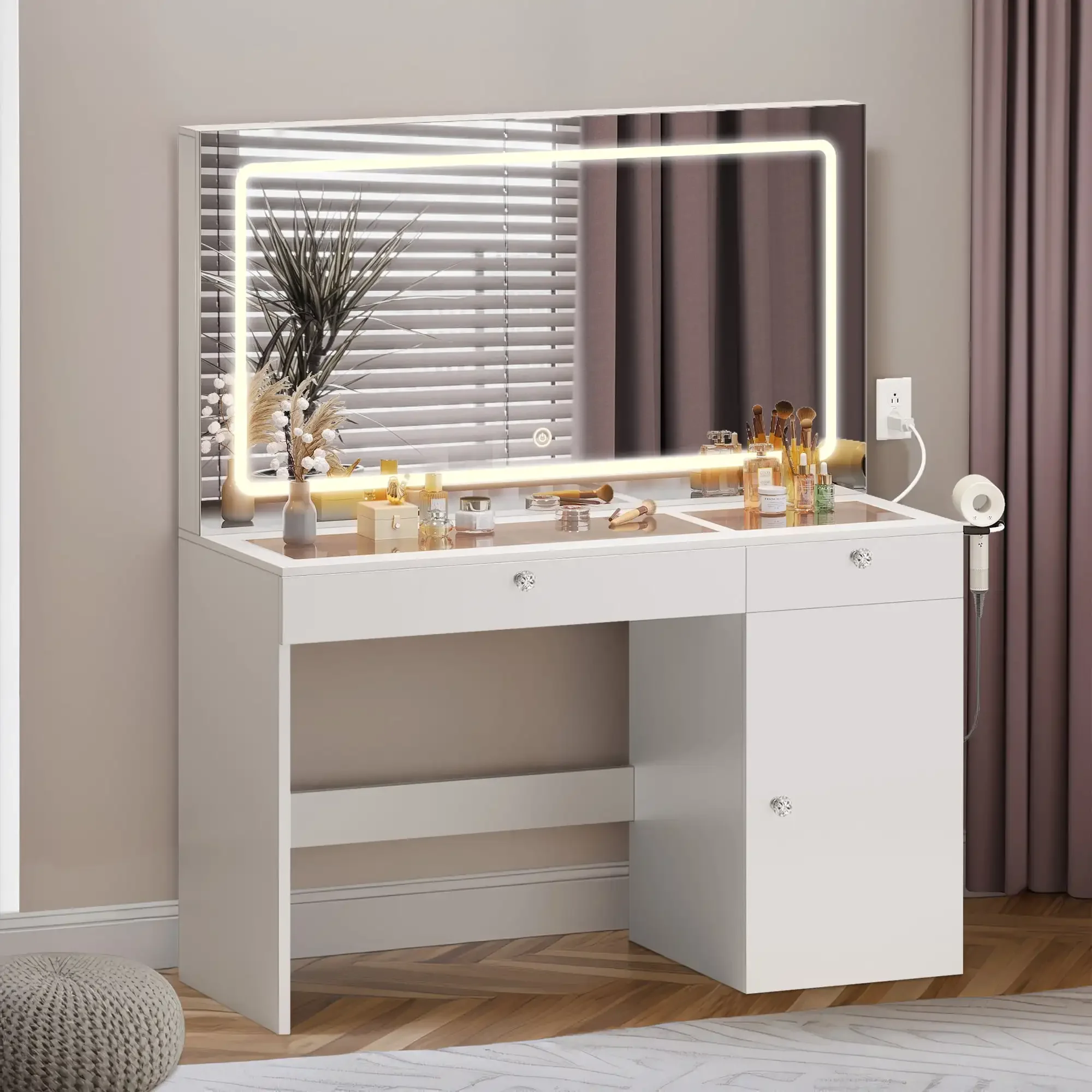 LED Lighted Mirror & Power Outlet Modern Vanity Desk with Drawers