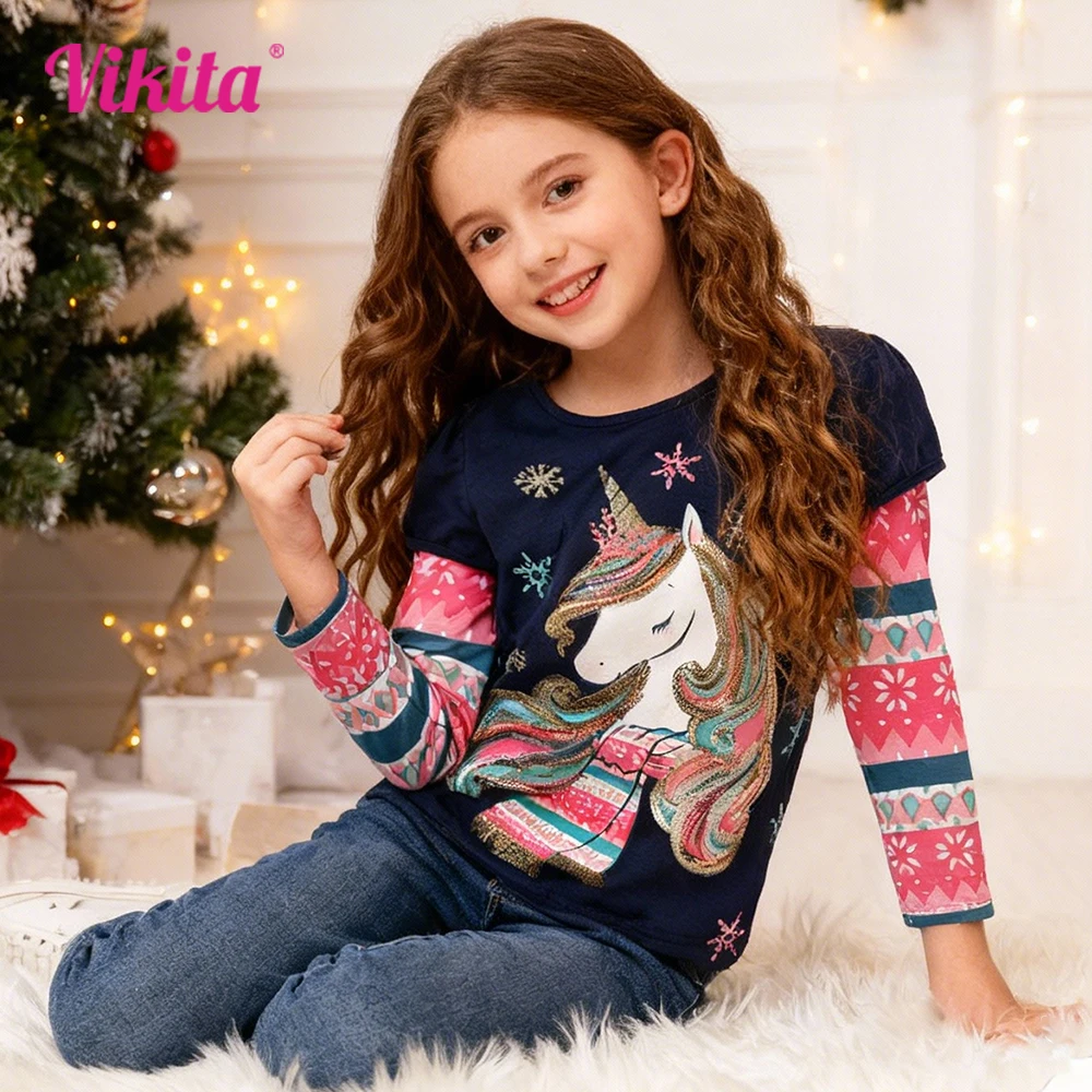 VIKITA 2025 Neue Mädchen Langarm Schneeflocke Drucken Tops Mädchen Weihnachten Neujahr Weihnachten Geschenke Kleinkinder Baumwolle Casual T Shirt Tees