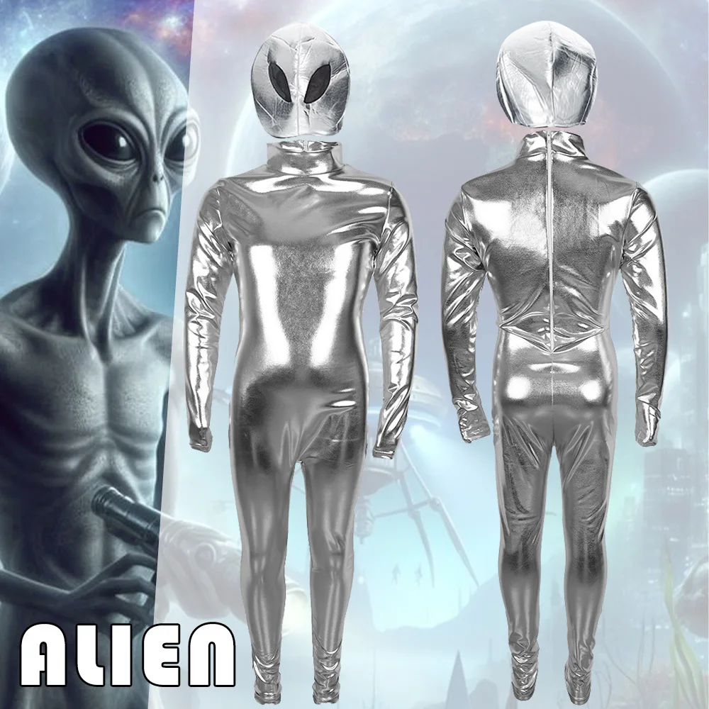 

Kids Alien Cosplay Jumpsuit Faux Leather Bodysuit Boys Girls School Stage Performance Space suit Halloween Carnival Party