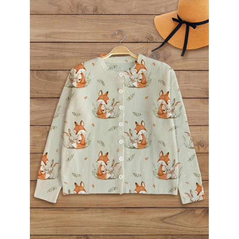 

Forest Style Fox Rabbit Print Women's Sweater Cardigan Thickened Loose Round Neck Long Sleeve Button Autumn Winter Outdoor