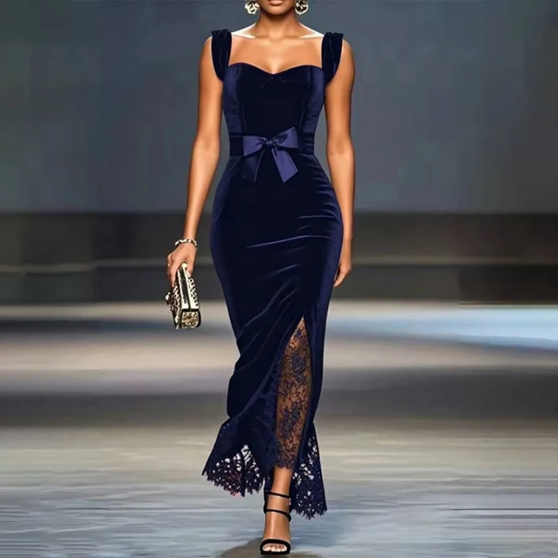 

Sexy Evening Dresses Spaghetti Strap Bow Lace Splicing Ankle-Length Straight Slit Prom Dresses Banquet Cocktail Party Dresses