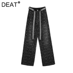 DEAT Women's Denim Pants High Waist Full Diamonds Loose Wide Leg Belt Female Straight Jeans 2024 New Fashion Autumn 29L8881