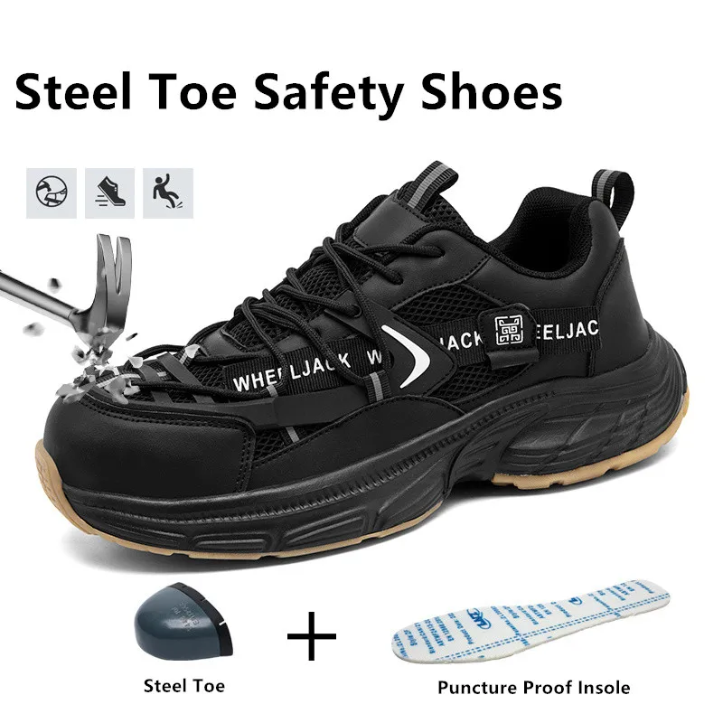 

New Black Safety Shoes Man Anti-Smash Anti-Puncture Working Shoes for Men Breathable Protective Sneakers Mens Steel Toe Shoes