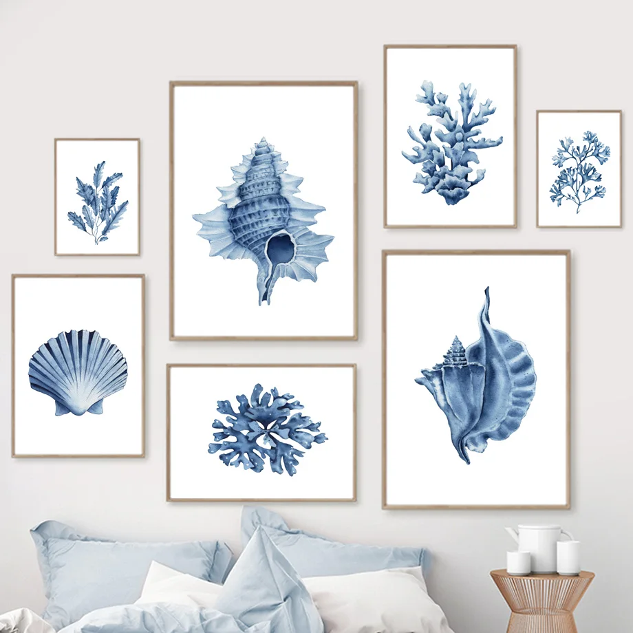Blue Seaweed Coral Shell Conch Watercolor Wall Art Canvas Painting Nordic Posters and Prints Wall Pictures for Living Room De