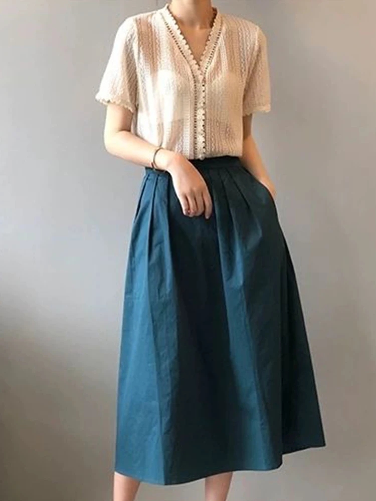 

Темно-синяя хлопковая юбка А-силуэта с эластичной резинкой на талии, однотонная, повседневная, свободного кроя, женская, в корейском стиле, длиной до середины икры, летняя, JJ138