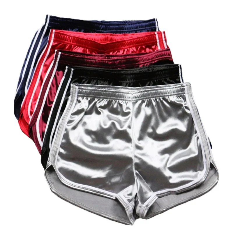 YUZHEXI satin workout shorts women stripes patchwork bodycon smooth fitness shorts casual beach silver sports shorts