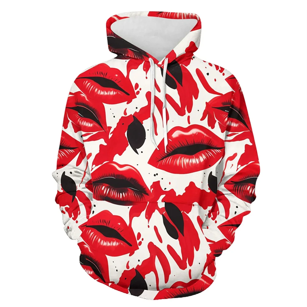 

3D Print Hoodies For Men Women Autumn Fashion Trend Red Lips Graphic Pullover Hoodies Couples Casual Oversize Street Sweatshirts