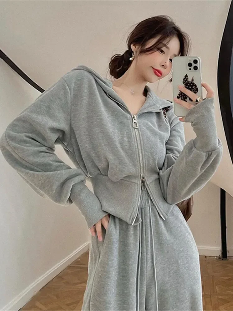 New Women Two Piece Set Solid Color Hooded Zipper Short Cardigan and Sweatpants Korean Style Fashion Casual Female Tracksuit 2XL