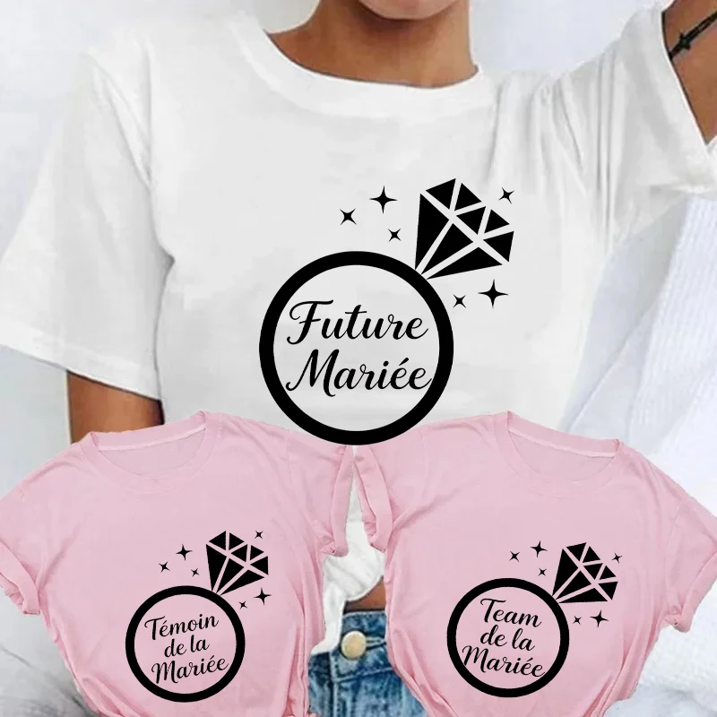 Camisetas Femininas de Manga Curta com Design de Anel de Diamante para Despedida de Solteira (EVJF) e Chá de Panela - Coleção French Girl Team Témoin De La Mariée Future