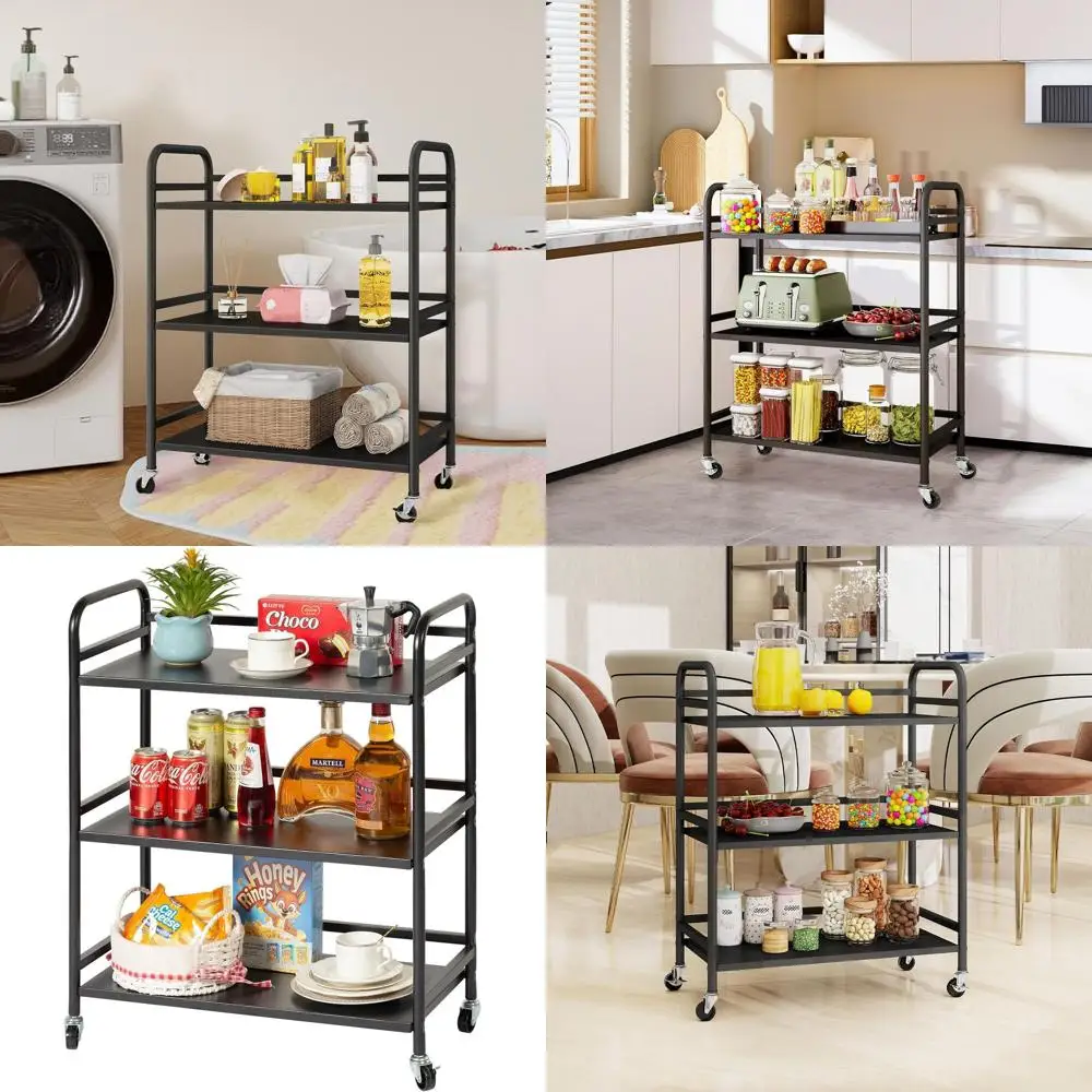 

Large Capacity 3-Tier Rolling Utility Cart with Lockable Wheels for Home, Office, Kitchen, and Bathroom (Black)