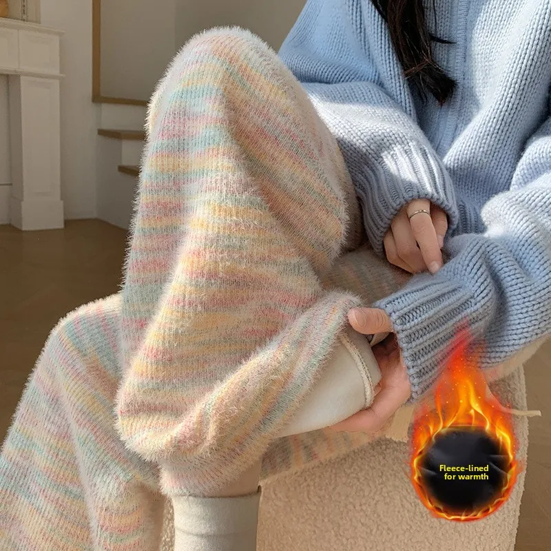 2025 Sweet Rainbow Tie-dye Women Pants Casual Kawaii Warm Knitted Trousers Baggy Cute Japanese Fashion Autumn Soft Sweatpants