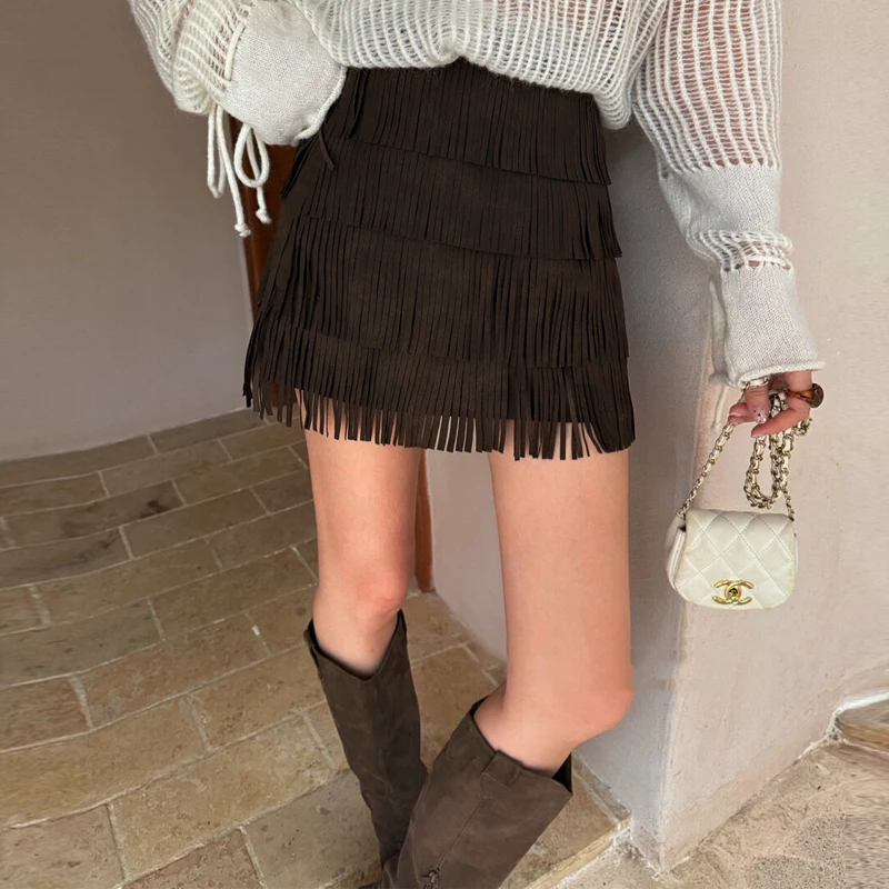 Real Leather Skirts for Women 2025 Fall Winter Retro Coffee Goatskin Suede Tassel Cake A-line Short Skirt Female Sheepskin Skirt
