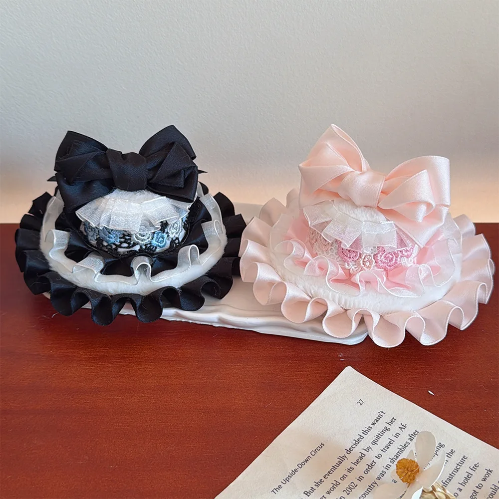 اليدوية لوليتا الوردي القوس أفضل قبعة الدانتيل الدانتيل منقار البط كليب تاج اللؤلؤ إكسسوارات الشعر الصورة