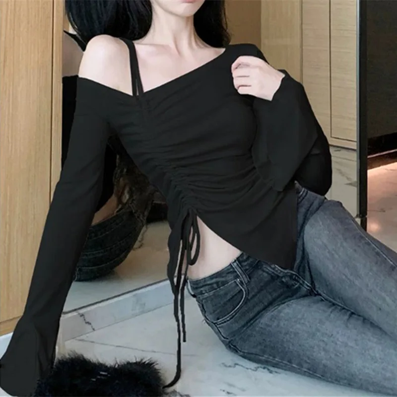 여성용 오프숄더 긴팔 티셔츠 봄 가을 불규칙한 슬림 슬리밍 이너웨어 시크 탑