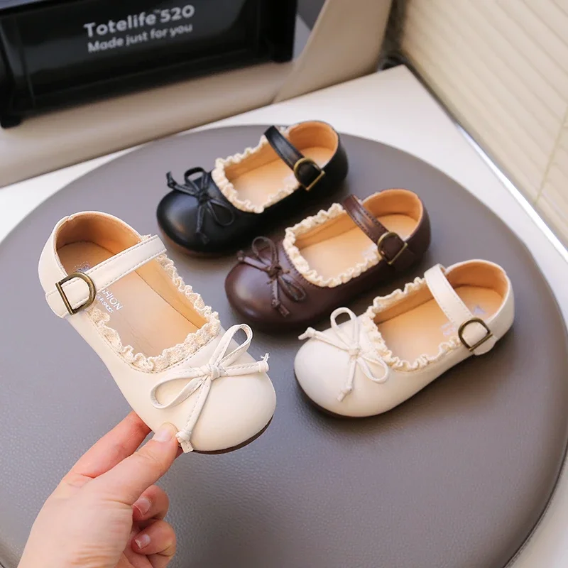 

Girls Leather Shoes with Simple Bows Kids Flat Shoes Round Toes Lace Comfort 2025 New Children Princess Shoes Non-slip Soft Sole