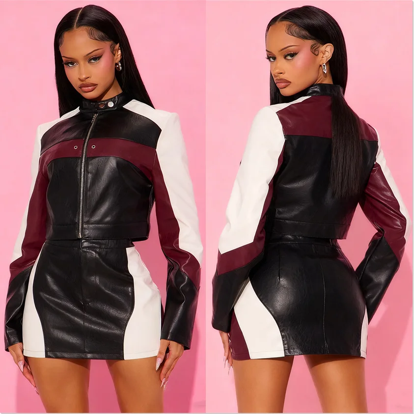 

Two Pieces Women Leather Dress Set Spliced Matching Sets Zipper Coat Mini Lenth Fitted Skirt Slim Fit Y2K Streetwear 2025 Spring