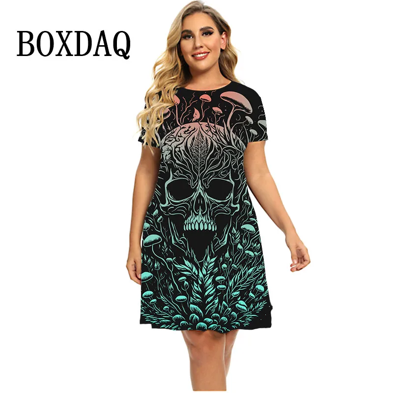 2024 New Spring Plant Mushroom 3D Skull Dresses donna Summer manica corta Mini abito allentato Casual Gradient Print Plus Size Dress