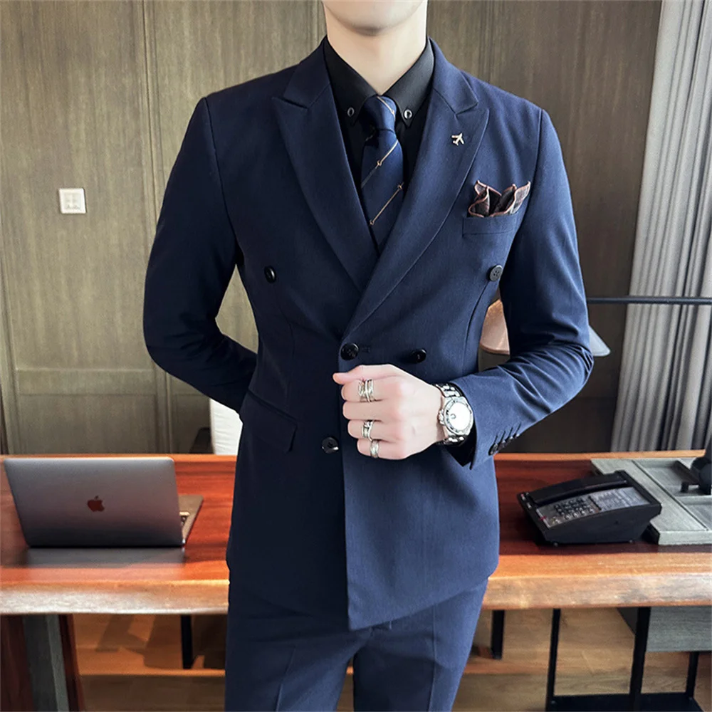 Solid color plus-size suit men's business formal Korean double-breasted three-piece men's fashion suit