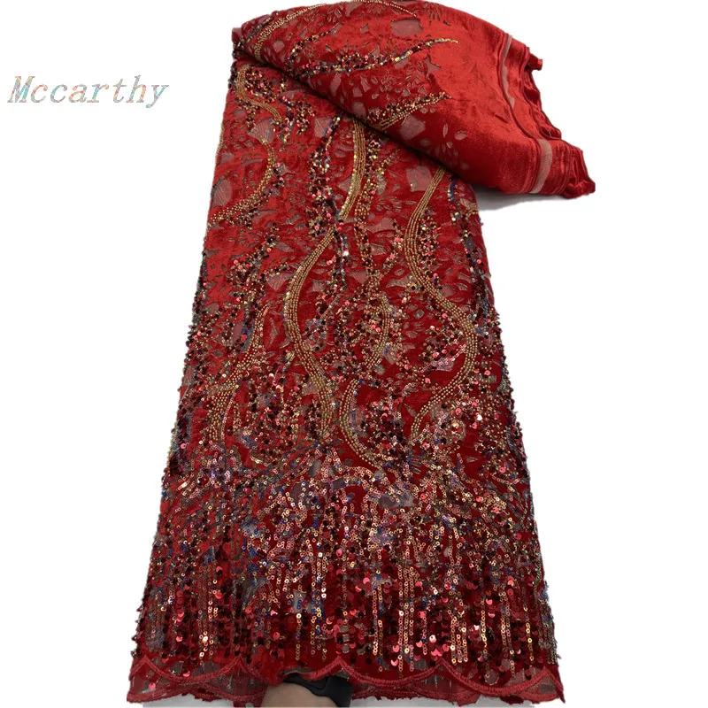 

Бархатная ткань с бисером и кружевом 2026: высококачественный нигерийский, африканский, французский бархат с пайетками и гипюровым шнуром для вечерних и праздничных платьев