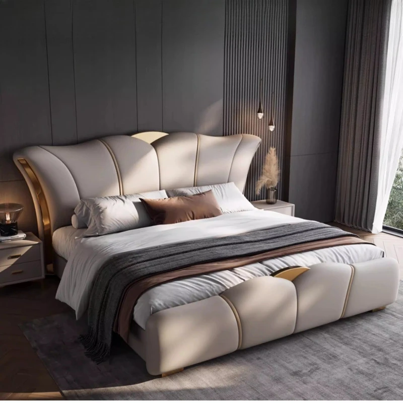 

Кровать двуспальная 180x200, 200x220 см, с мягким кожаным изголовьем, в стиле легкой роскоши, для спальни, мебель для двоих.