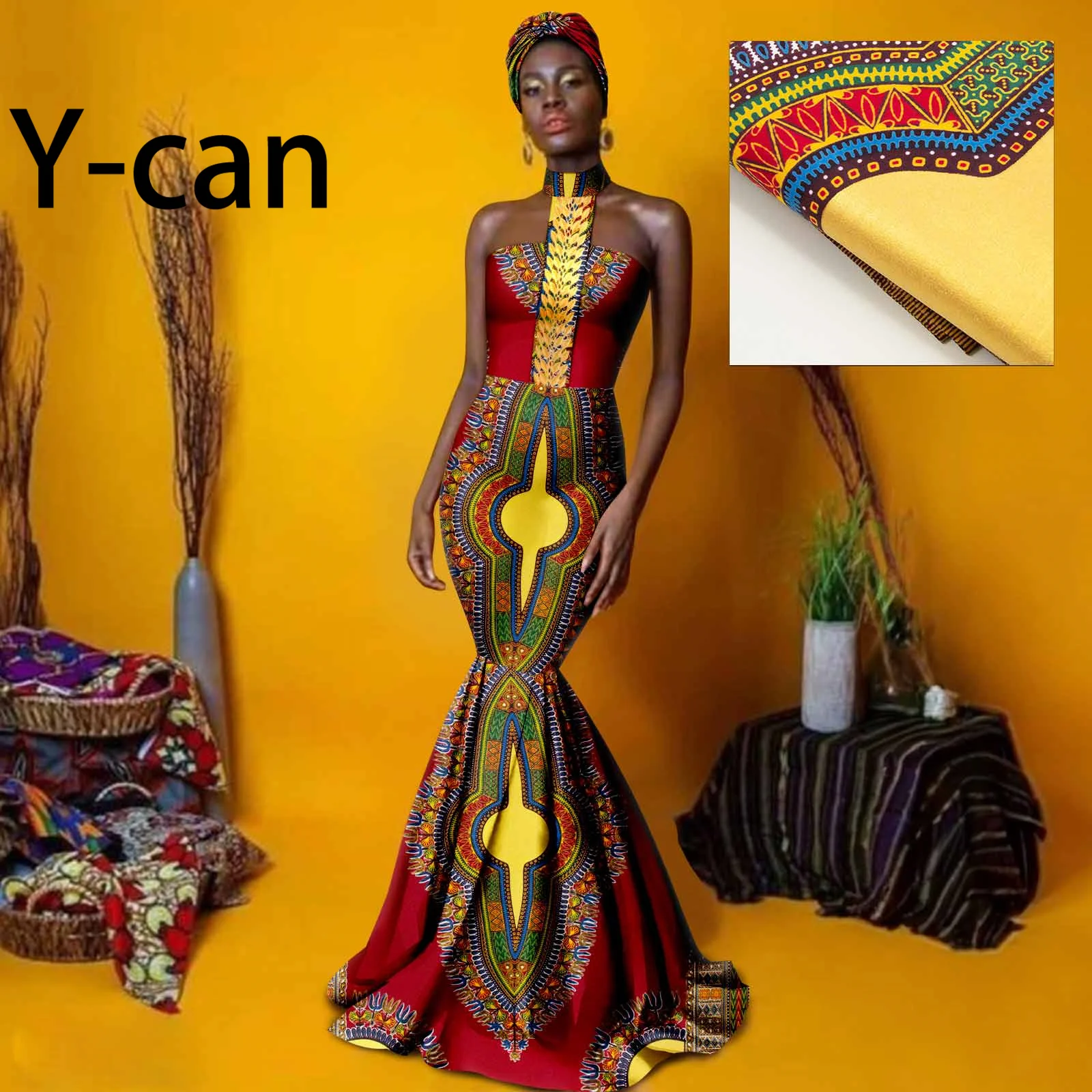 African Party Dresses for Women New Sexy Elegant Mermaid Dress Slim Shining Print Party Evening Gown with Turban Wedding 2425068