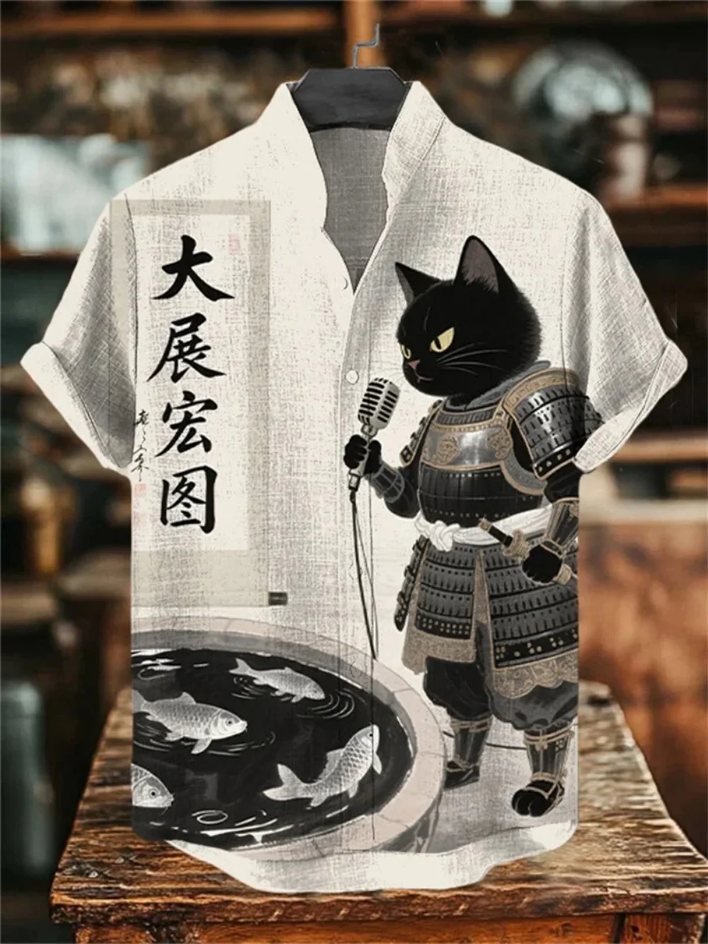 قميص ريترو راكون واريور مطبوع بأكمام قصيرة وياقة واقفة وأزرار لأعلى ملابس هاواي قابلة للتنفس للرجال