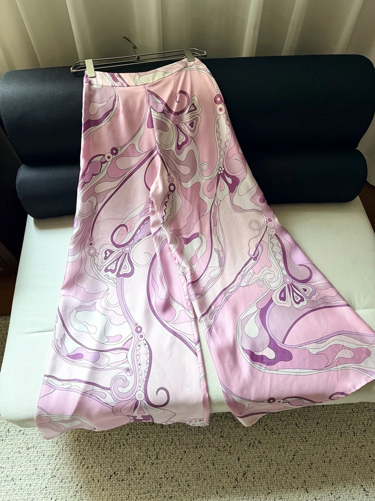 Spring Summer Fashion Daily Loose Geometric Print Silk Wide Leg Pants Women's Casual Middle Waist Loose Bell Bottoms Trousers