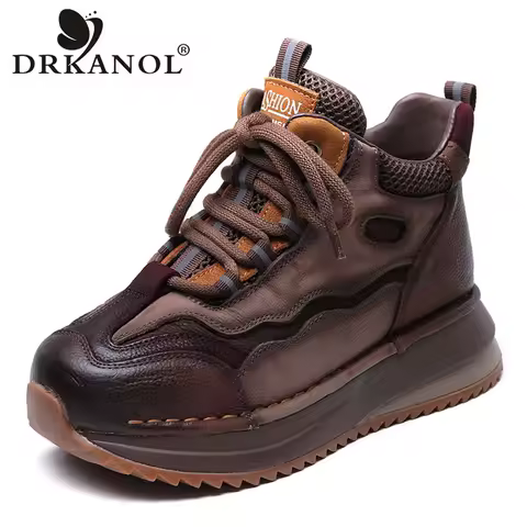 DRKANOL Women Mixed Colors Genuine Leather Casual Sneakers Lace-Up Retro High Top Platform Shoes Ladies Thick Sole Ankle Boots