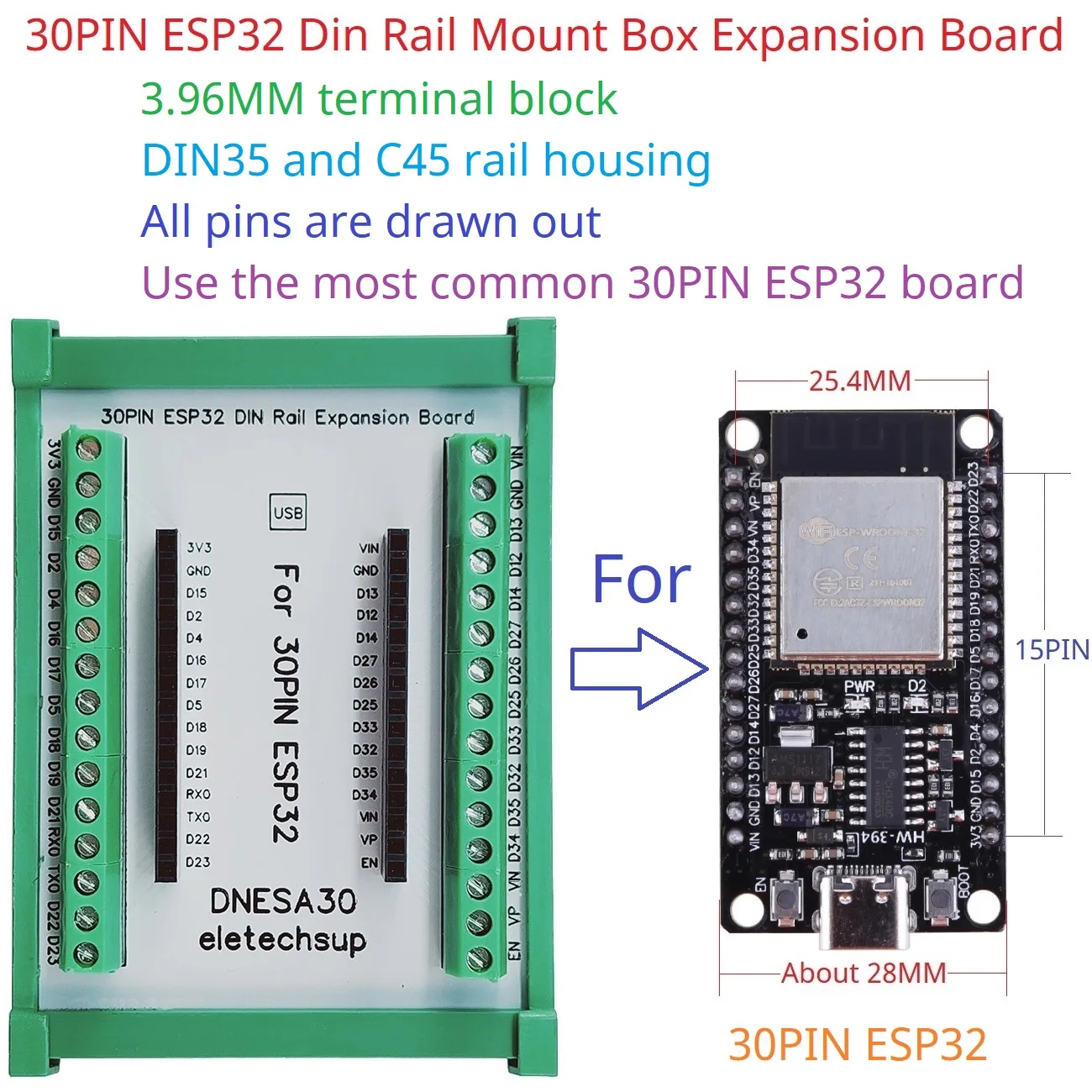 30PIN ESP32 Devkit V1 Din Rail Expansion Board 3.96 Terminal Screw Terminal Block Adapter Module for Bluetooth WIFI IOT Ethernet