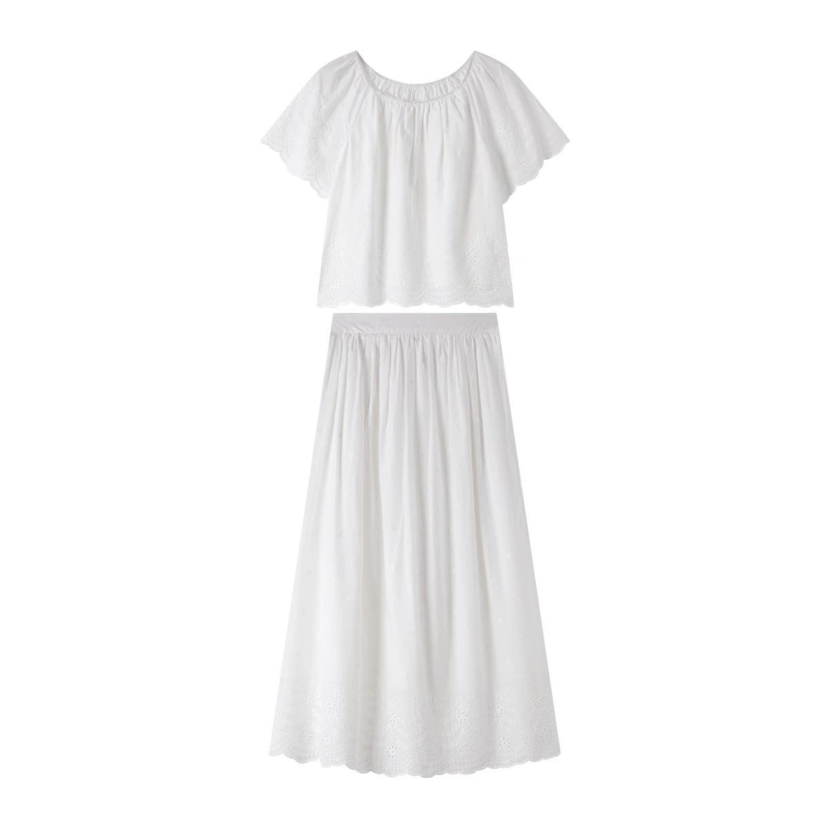 VIMLY Vacation Outfits 2025 Women's Summer White 100% Cotton Embroidery Square Collar Top A-line Skirt Woman Two-piece Set A1878