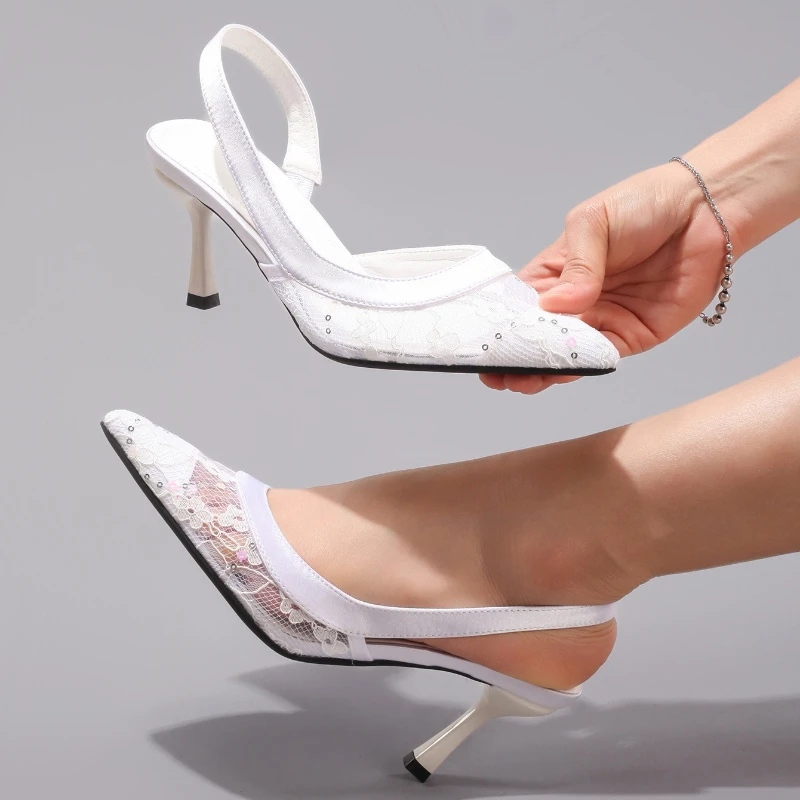 

Сексуальные женские летние дышащие босоножки на высоком каблуке с кружевной сеткой и острым носком, женские элегантные свадебные сандалии