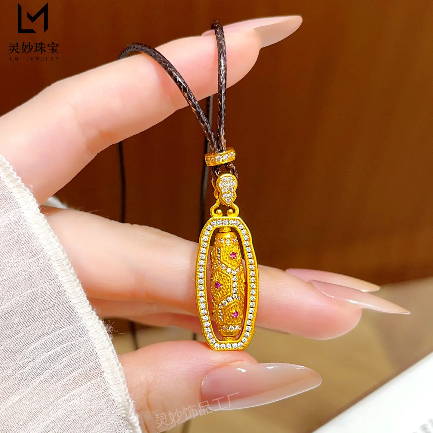 Luxury 9999 24K Solid gold certifid ancient rose red diamond nine-eye dzi bead pendant necklace rotatable necklace sweater chain