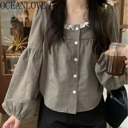 OCEANLOVE Plaid Women Shirts&blouses Spring Autumn Sweet Chic Vintage Loose Blusas Mujer Korean Fashion Square Neck Camisas