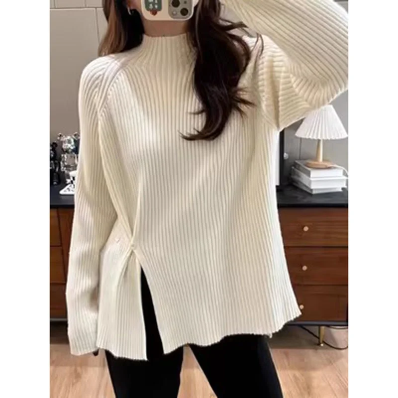 Purple Pit Stripe Half High Neck Knitted Sweater for Women's Autumn and Winter Fashion Style Hem Side Split Waist Slimming Top