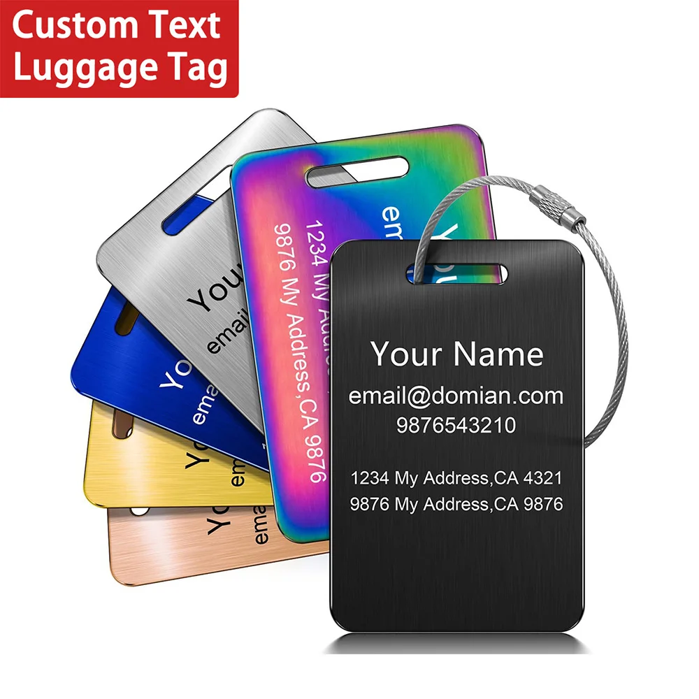 

Бирка для багажа с лазерной гравировкой и индивидуальным текстом, персонализированная бирка для чемодана, аксессуары для путешествий, этикетки из нержавеющей стали с индивидуальным текстом