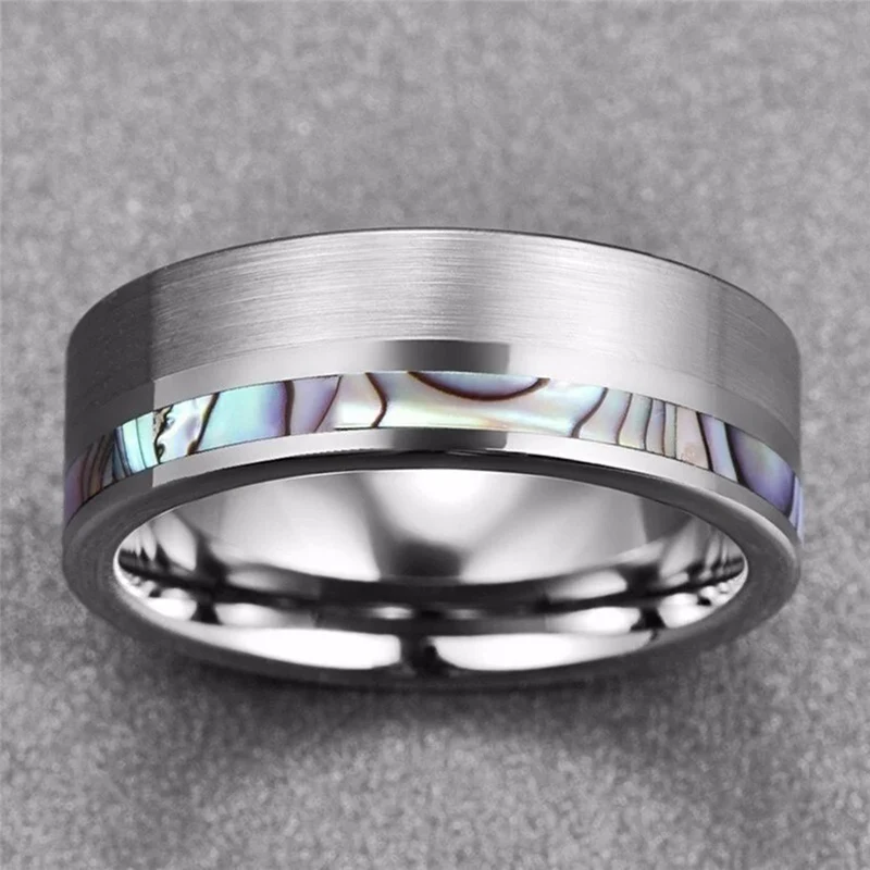 Fashion 8mm Silver Color Men Stainless Steel Ring Inlay Colorful Abalone Shell Rings For Men Women Wedding Band Jewelry Gifts