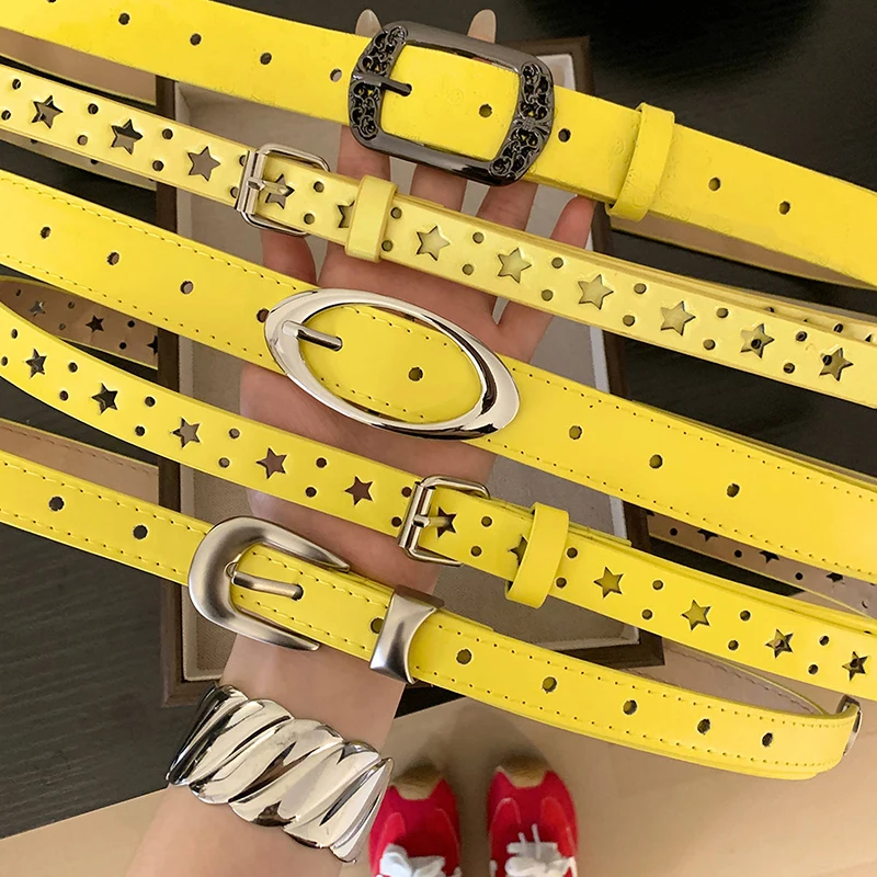 ฤดูร้อน Dopamine มะนาวสีเหลืองเข็มขัดผู้หญิงแนวโน้มเข็มขัด Subculture Y2K เข็มขัด Punch ฟรีเข็มขัด