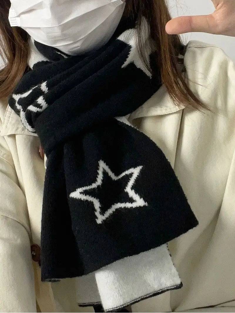 

Y2k Star Imitation Cashmere Women Scarf Winter Preppy Style Vintage Black Scarve Pashmina Mujer Foulard Blanket Wrap Shawl Pareo