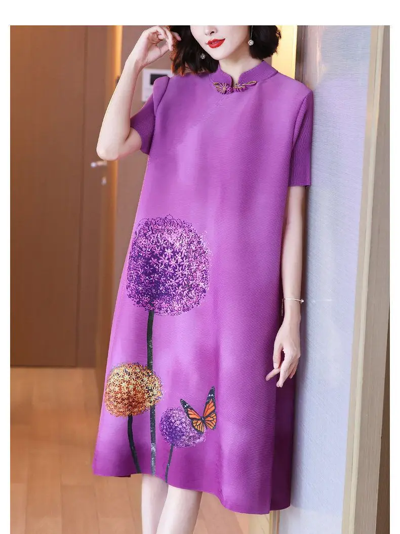 Pleated Dress Printed Fashion Fall 2023 Loose Fit Summer one piece dress Korea women formal event dresses