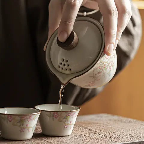Travel tea set kit - one pot and three cups - portable quick-cook cup for outdoor camping tea pot and tea cup storage bag