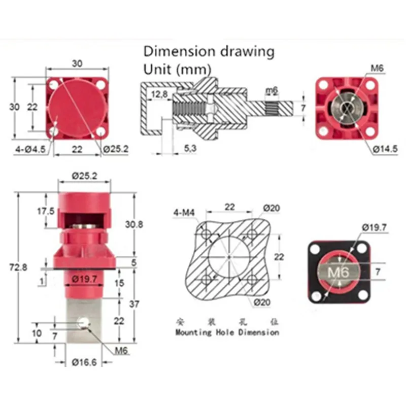 1pc 250A square full copper high current terminal lithium battery wall-through internal thread energy storage connector terminal