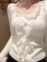 White Cardigan Tops Women's Clothing Sueter Mujer Patchwork Lace Slim Fit Sweet Pull Femme Temperament Korean Knit Sweater Coats