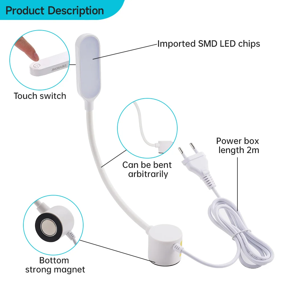 Luz para máquina de coser, 30LED, tres modos, luz de atenuación táctil con Base magnética, lámpara de iluminación de trabajo adsorbed ajustable Flexible