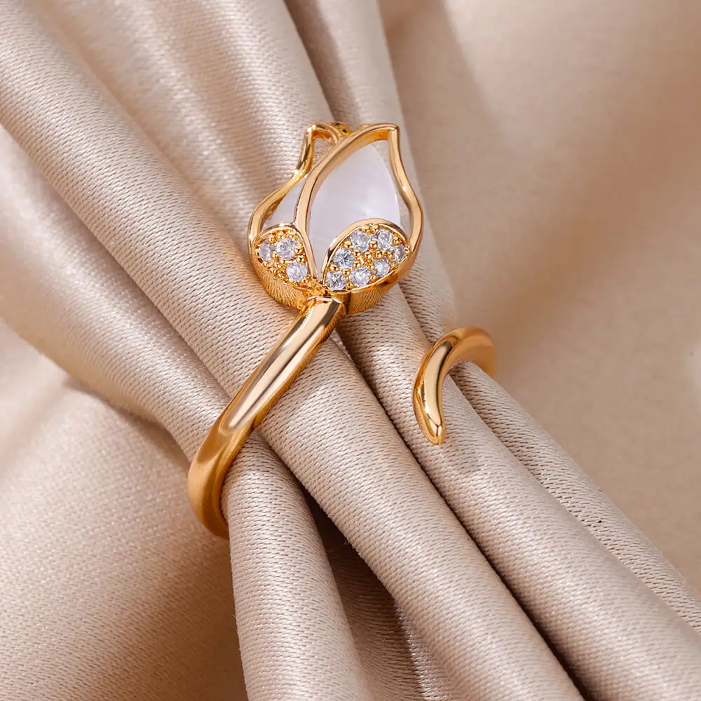 Zircon White Opal Tulip Flower Rings For Women Gold Color Stainless Steel Adjustable Flower Ring Wedding Aesthetic Jewelry Gift