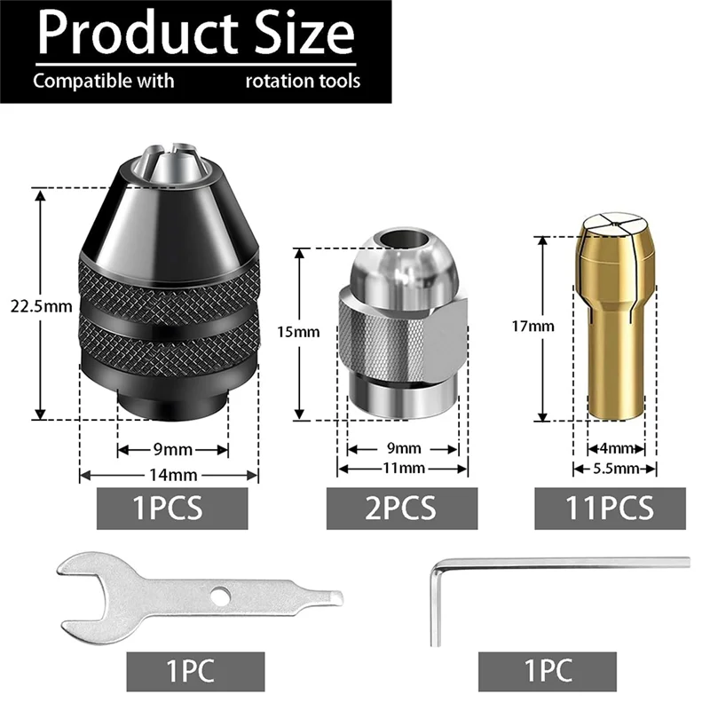 TFORU-16 Buah Set Collet Chuck Bor, Set Collet Chuck Bor 1/32 Hingga 1/8 Inci dengan 11 Buah Collet Kuningan, 3 Buah Chuck, 2 Buah Kunci Pas