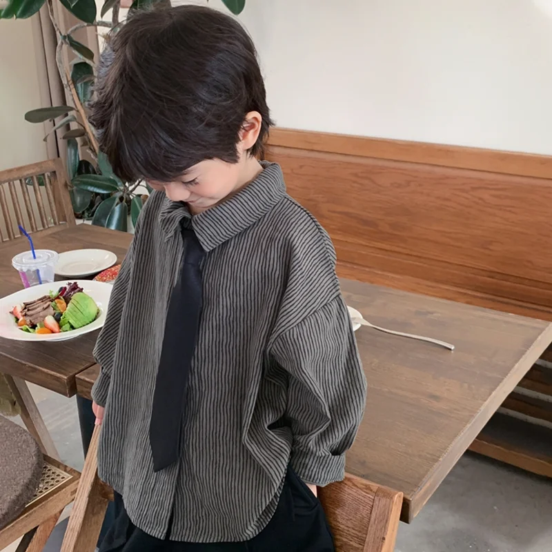 

Boys Long Sleeve Striped Shirt Spring Autumn New Style Retro Korean Version Outerwear for Children