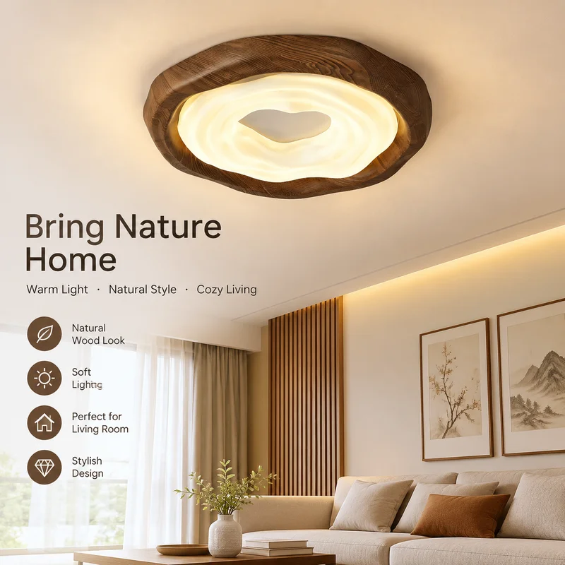 Ceiling Light Wabi Sabi Cookie Bedroom Lamp Blue Light Filter Walnut Wood Grain Kids Room Modern Dimmable Ceiling Lamp Eye Care