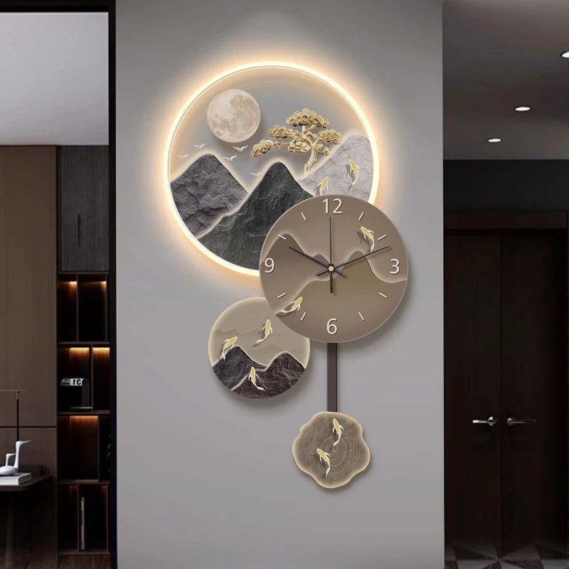 

Nine Fish Graph Living Room Wall Clock Restaurant Clock Mural Watch Room Decorations LED Mute Quartz Clock Home Decor Items