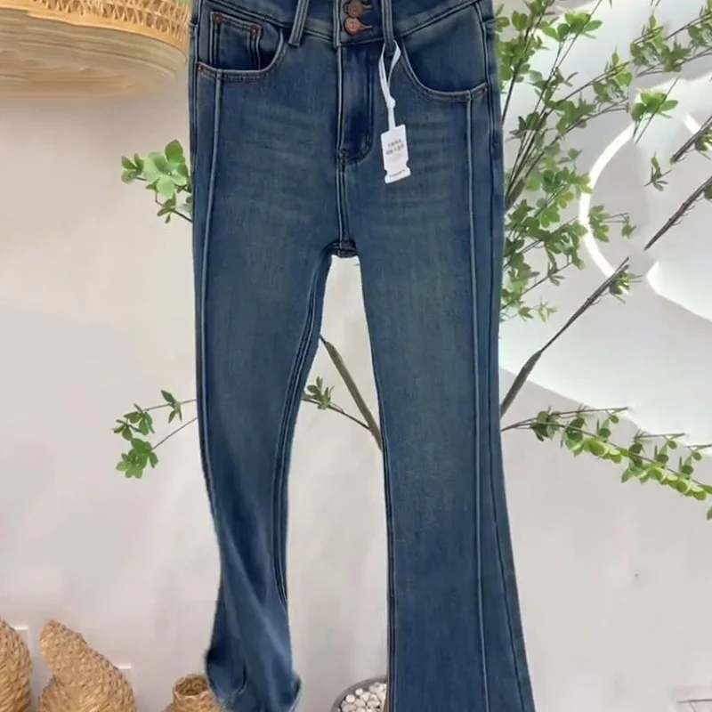 Women's Winter 2025 New Style Flared Pants Retro Blue Thickened Fleece Lined High Waist Jeans for Petites