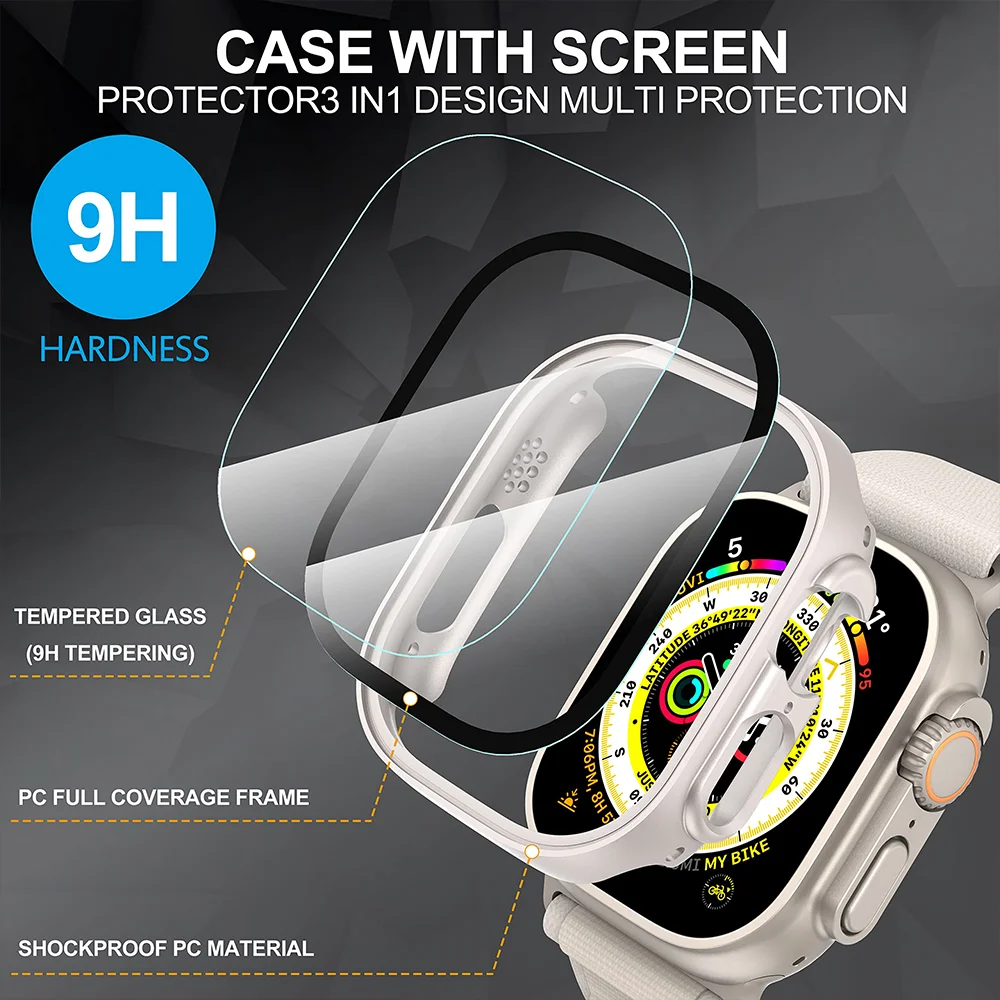 Glass+ Cover For Apple Watch case Ultra 2 49mm smartwatch Bumper+Screen Protector Tempered iwatch series apple watch Accessories